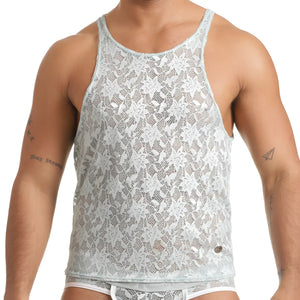 Light gray lace tank top with intricate floral patterns for gigo vibrant blue tank collection