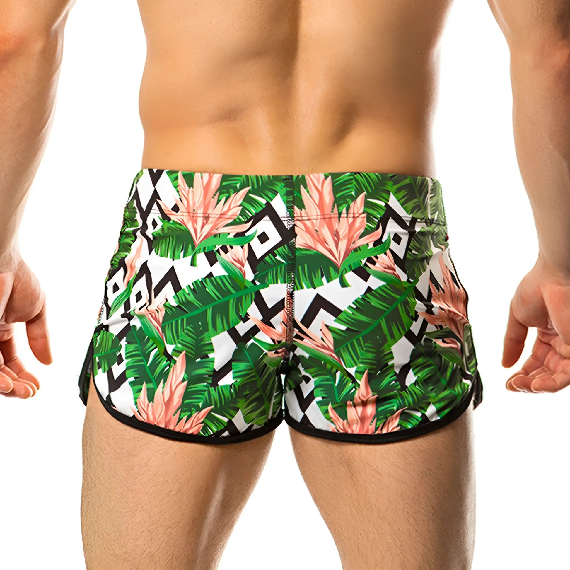 Gigo vintage beachwear tropical leaf and pink flower swim trunks with black geometric accents for men