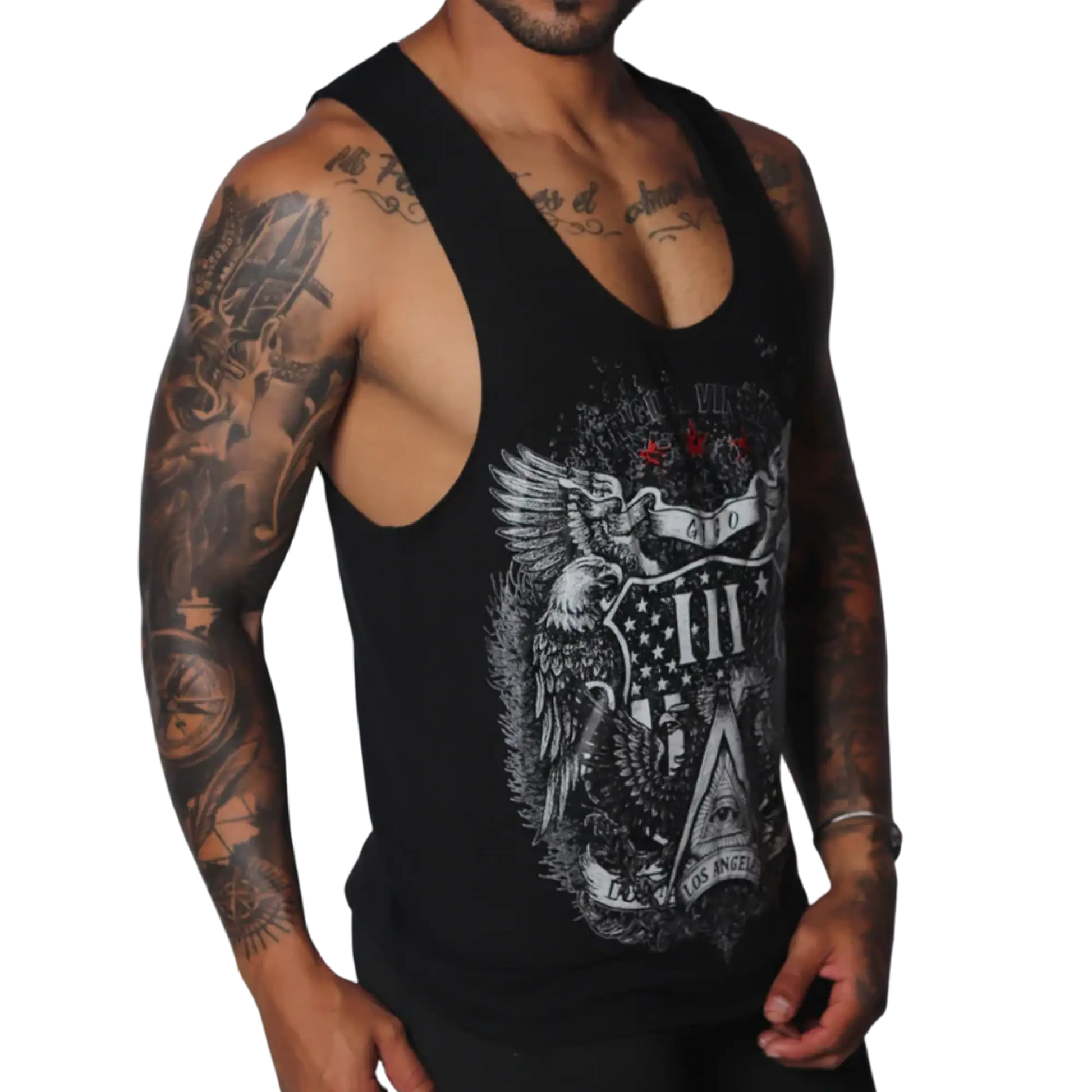 Black muscle tank top with a vintage-style white eagle, shield, and Los Angeles graphic print on the front.
