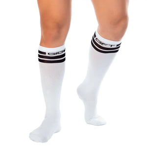 Gigo white socks athletic compression socks with black striped cuffs and gigi branding for performance use
