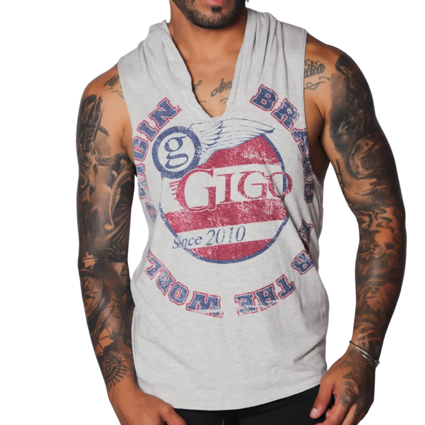 Light gray heathered sleeveless hoodie with a vintage-style red, white, and blue Gigo Wings circular graphic print.