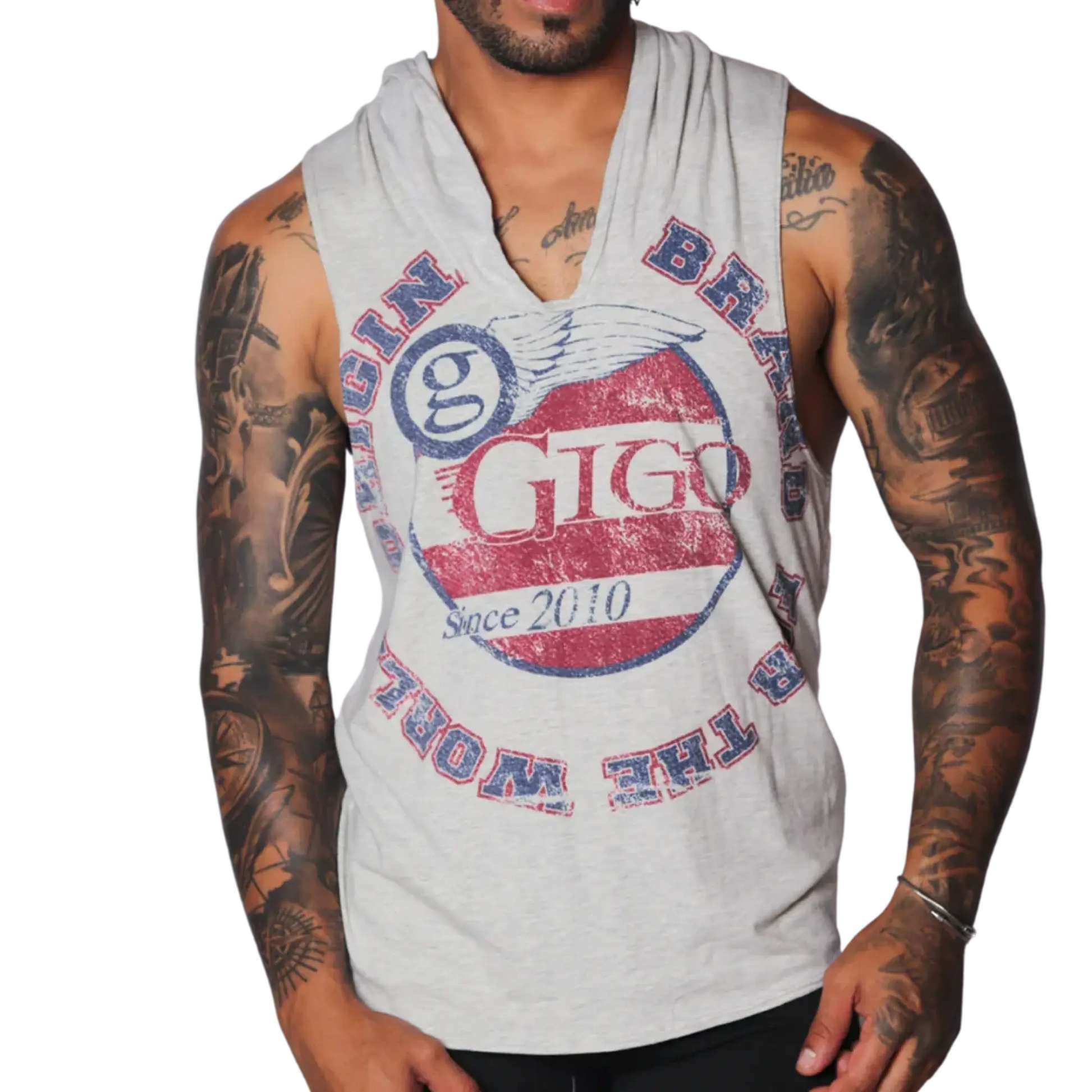 Light gray heathered sleeveless hoodie with a vintage-style red, white, and blue Gigo Wings circular graphic print.