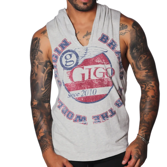 Light gray heathered sleeveless hoodie with a vintage-style red, white, and blue Gigo Wings circular graphic print.