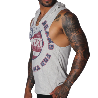 Light gray sleeveless hoodie t-shirt with a vintage-style red and blue "Gigo" wing graphic on the chest.