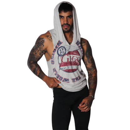 Light gray sleeveless hoodie with a distressed red and blue "Gigo" winged logo graphic on the chest.