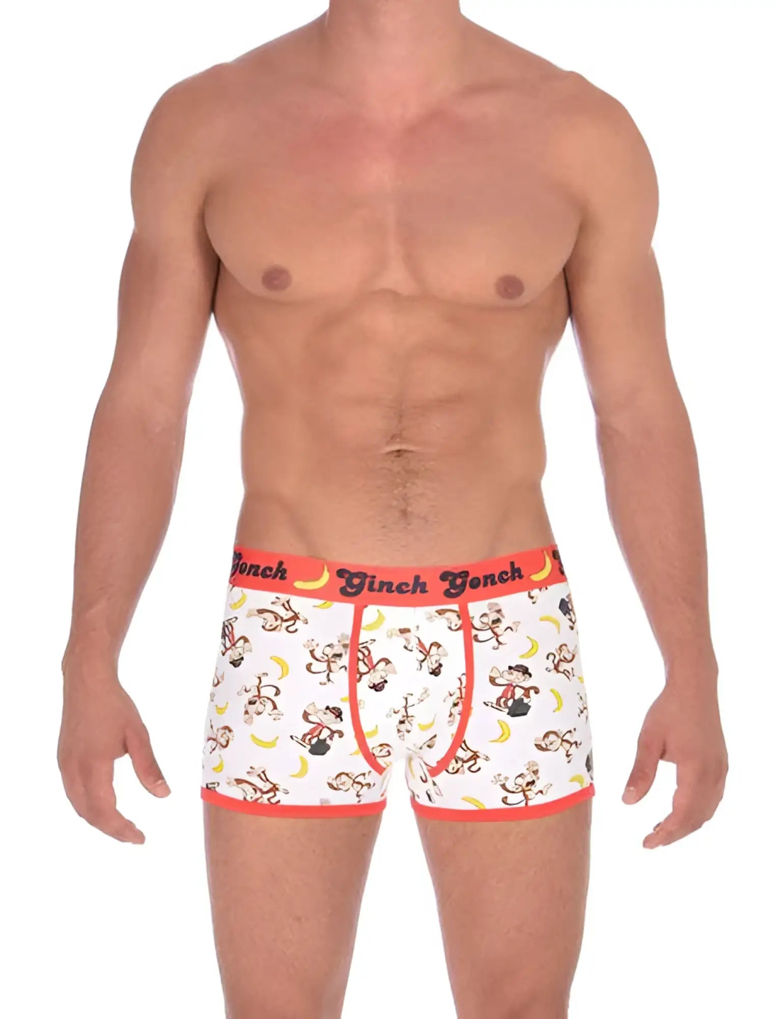 White boxer briefs with playful monkey and banana pattern and bright orange trim by ginch gonch size m