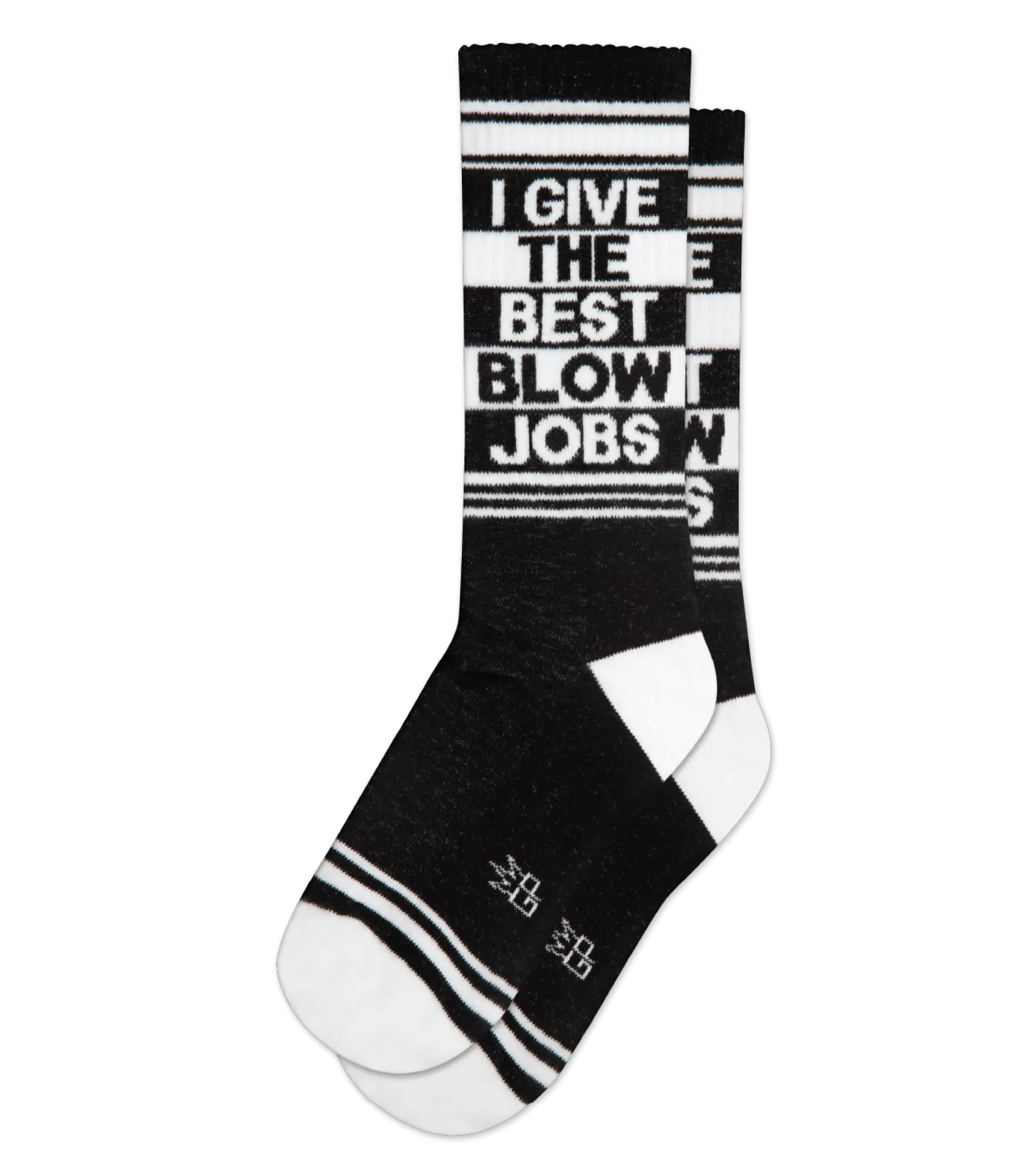 Black and white crew socks with bold i give the best blow jobs text and striped accents on the calf