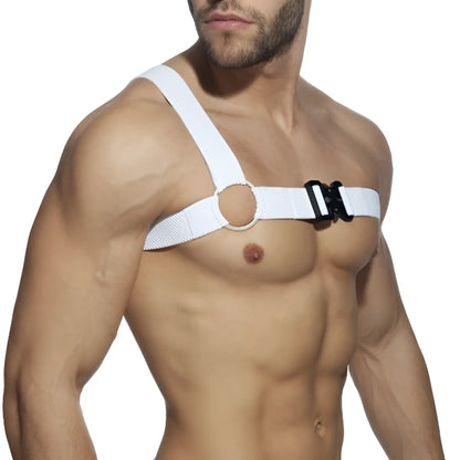 White gladiator clip harness with adjustable straps black buckle and circular metal ring for secure fit