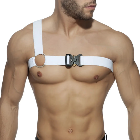 Gladiator clip harness with white webbing, black plastic buckle, and circular metal ring for secure fastening