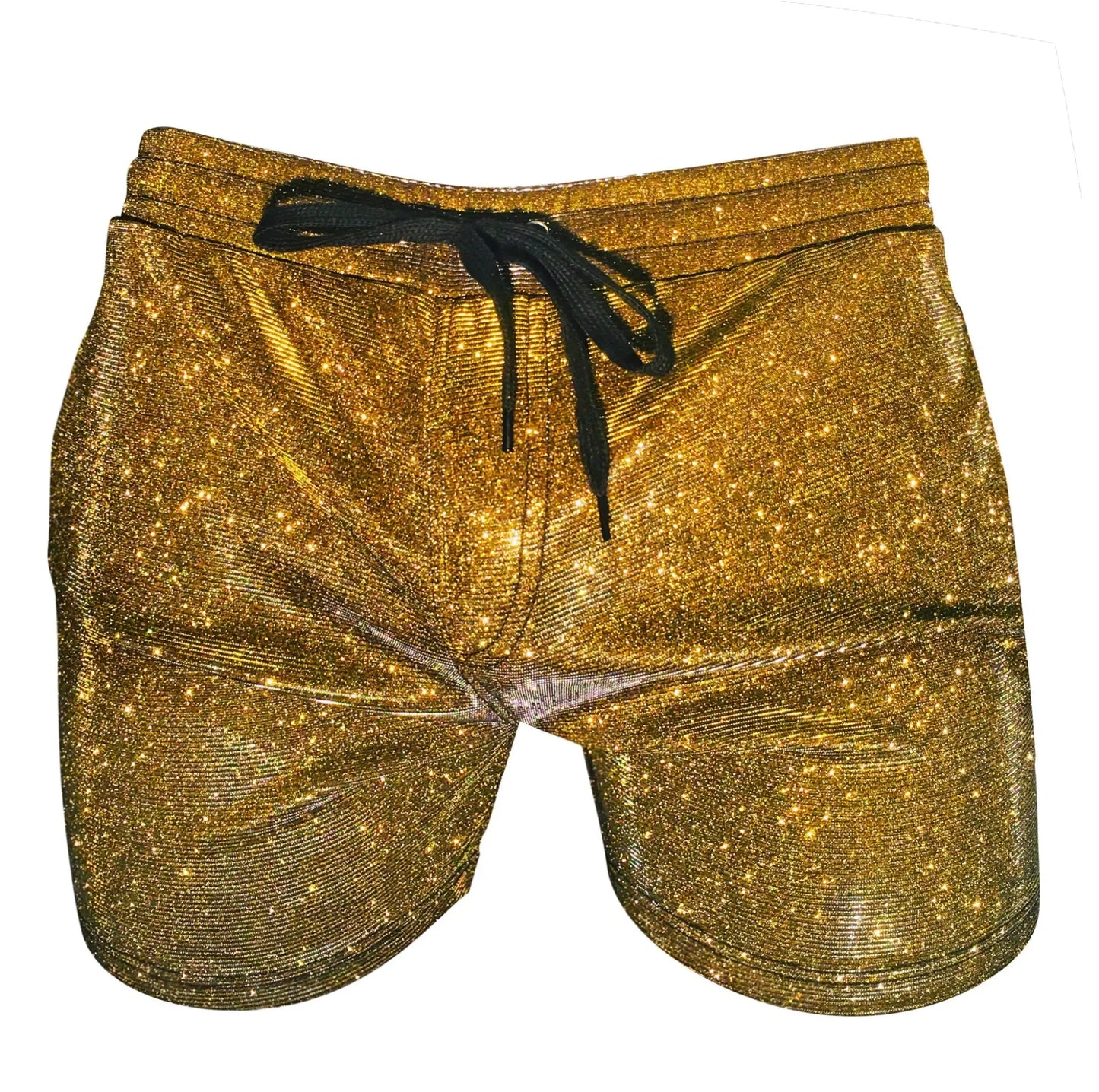 Golden glitter booty shorts with a black drawstring waistband made of sparkling fabric for festive wear