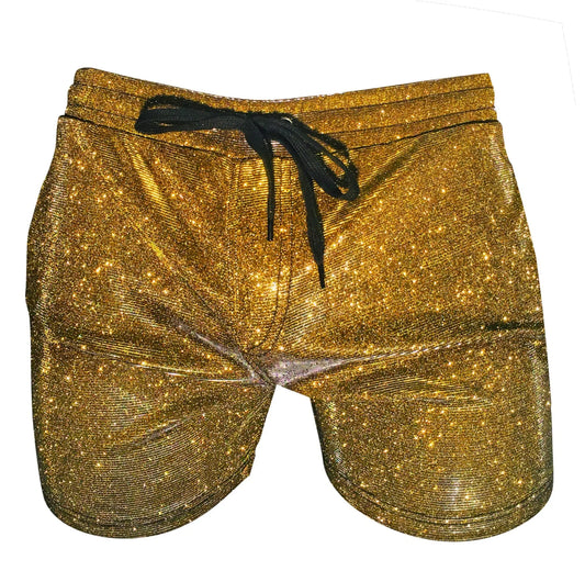 Golden glitter booty shorts with a black drawstring waistband made of sparkling fabric for festive wear