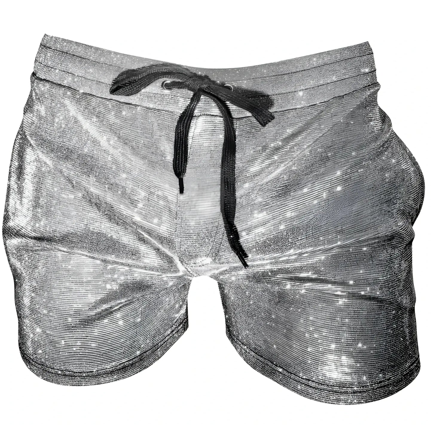 Glitter booty short shiny silver star-patterned shorts with black drawstring waistband for festive wear