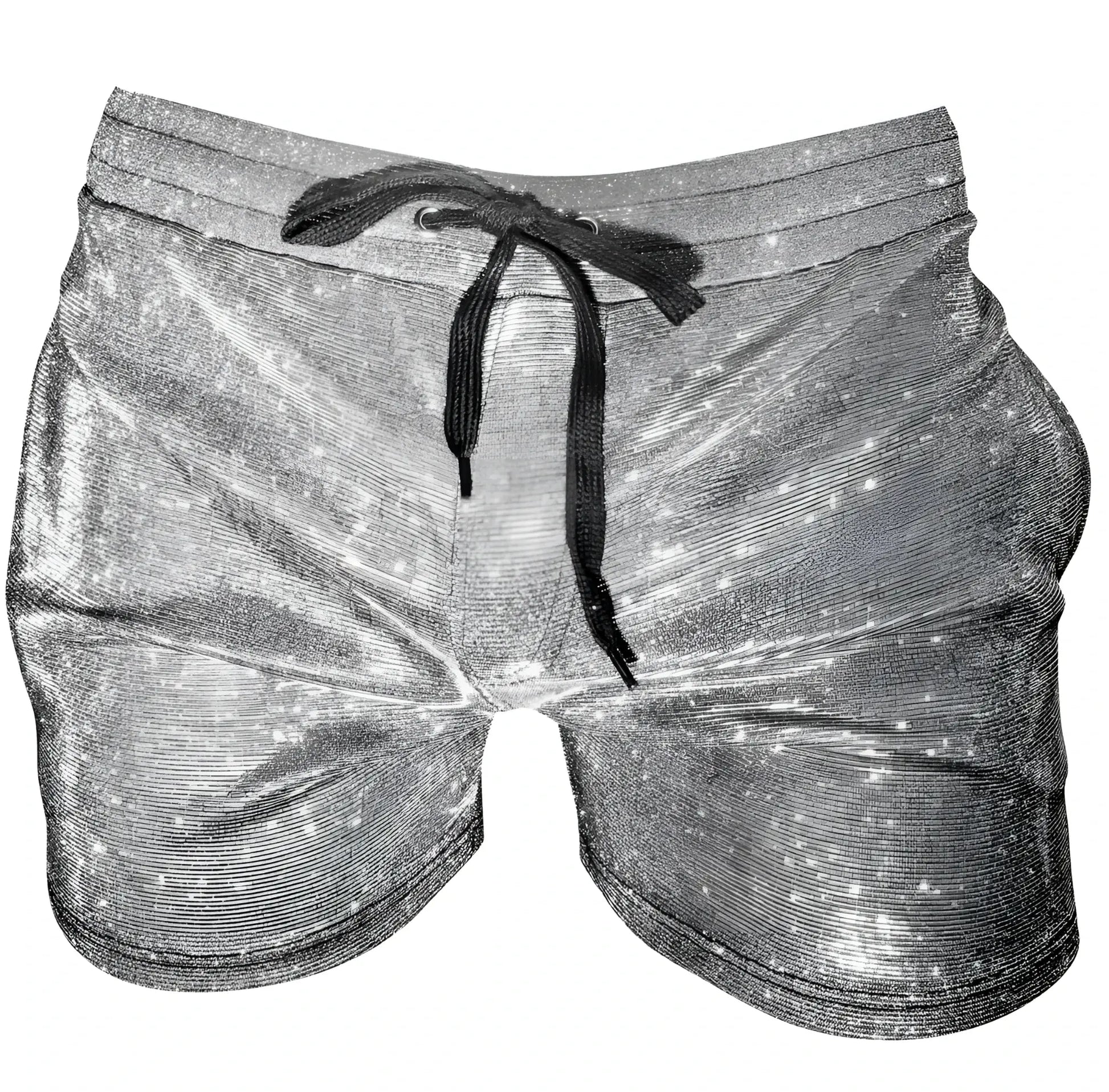 Glitter booty short shiny silver star-patterned shorts with black drawstring waistband for festive wear