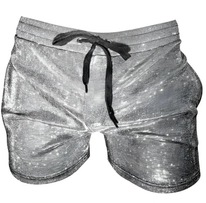 Glitter booty short shiny silver star-patterned shorts with black drawstring waistband for festive wear