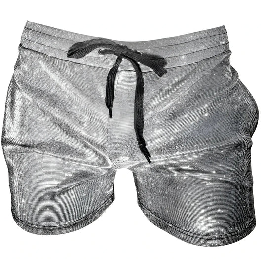 Glitter booty short shiny silver star-patterned shorts with black drawstring waistband for festive wear