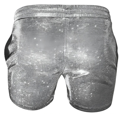 Sparkling silver glitter booty short with sequined textured fabric and elastic waistband for festive wear