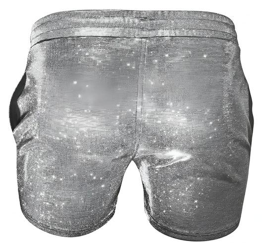Sparkling silver glitter booty short with sequined textured fabric and elastic waistband for festive wear