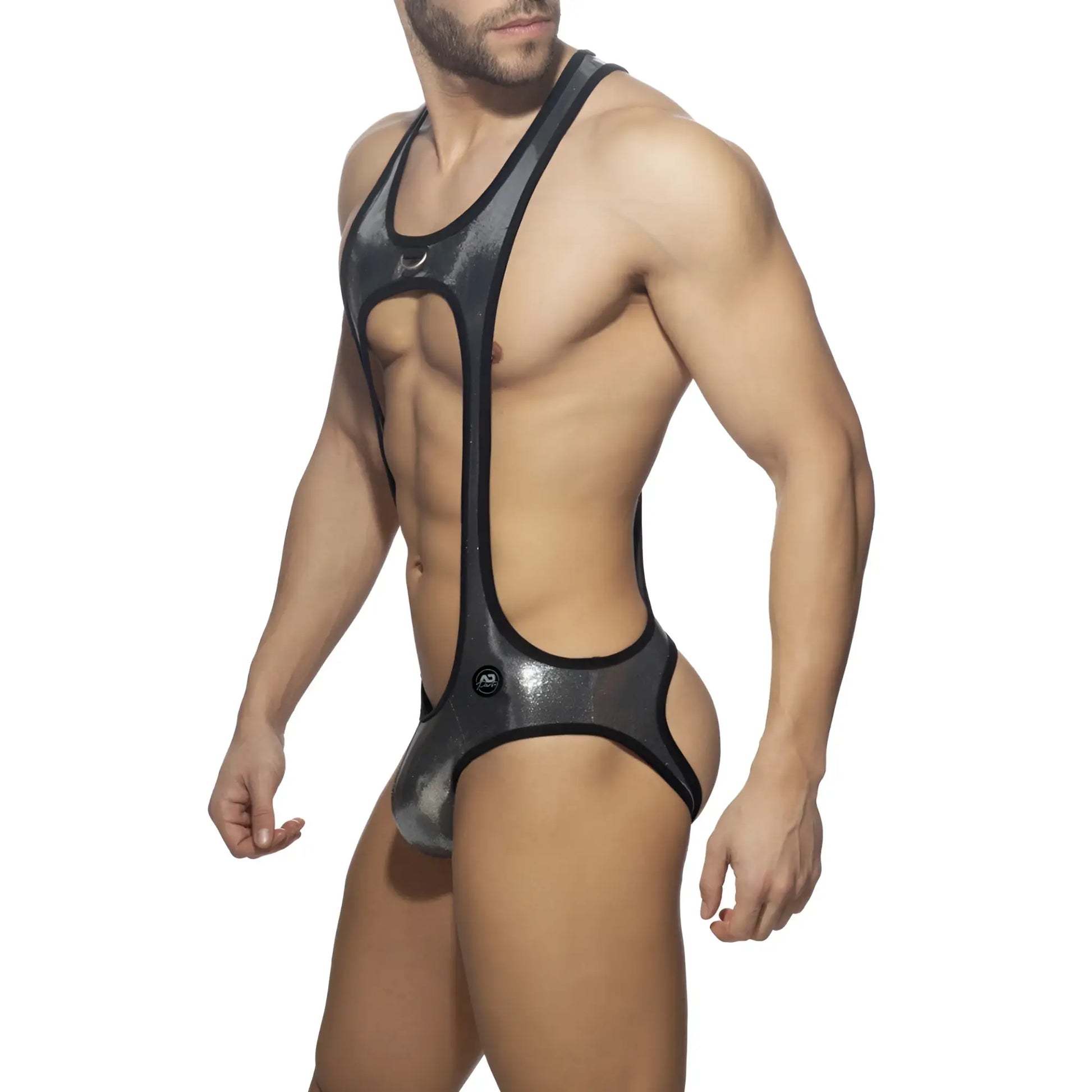 Black and silver metallic glitter bottomless bodysuit with sleek form-fitting design and shiny fabric