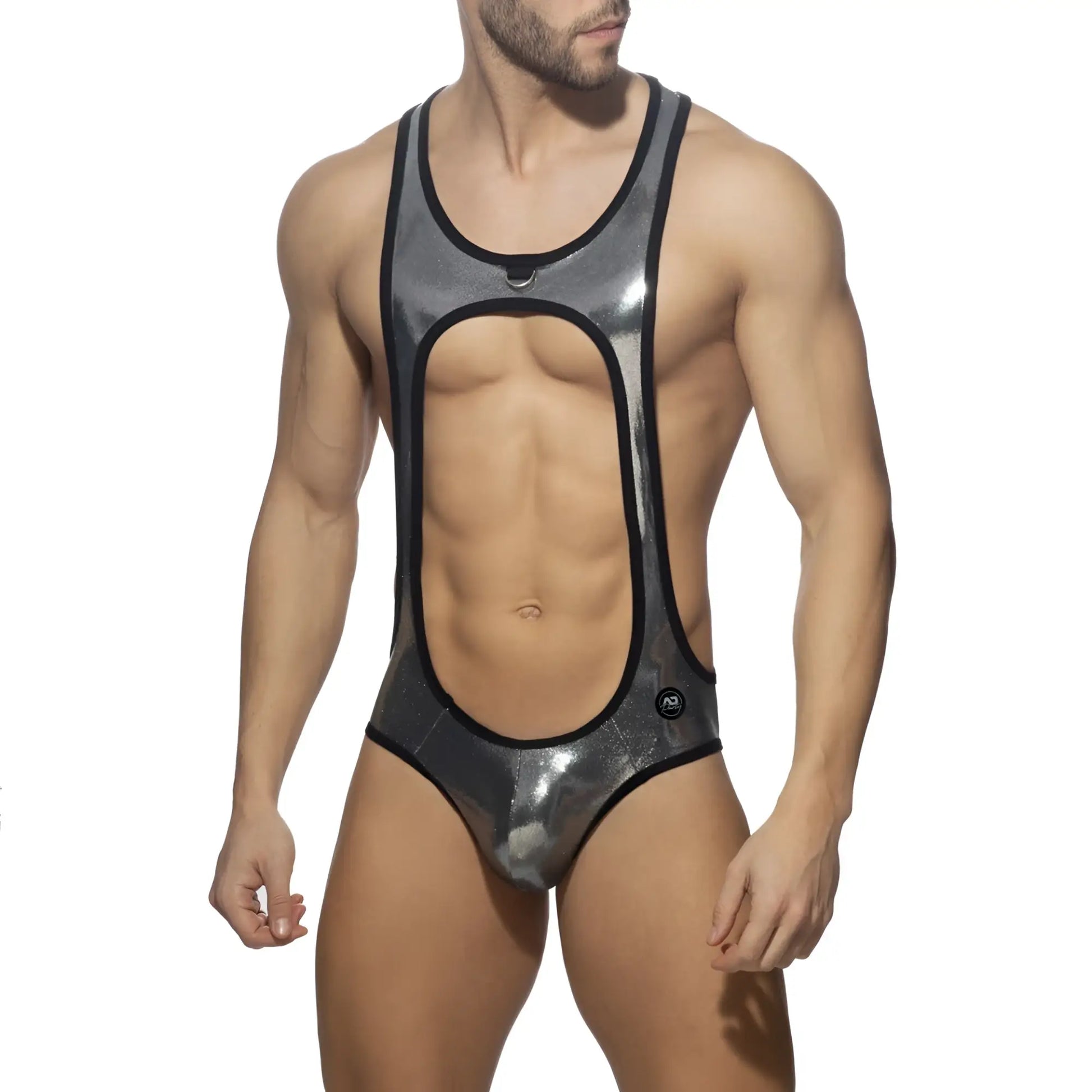 Shiny metallic silver glitter bottomless bodysuit with black trim and cutout design in one-piece style