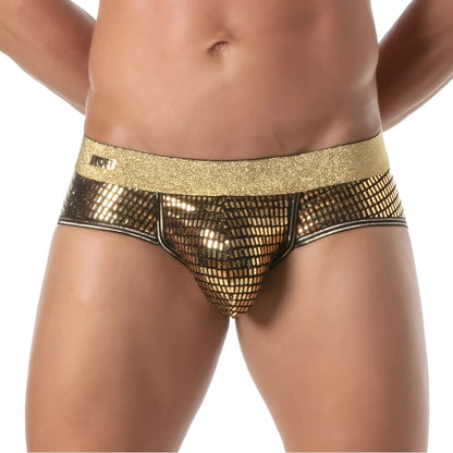 Gold sequined briefs with a glittery waistband and black trim from the glitter brief collection