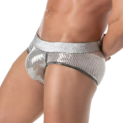 Silver sequined briefs with glittery waistband and black trim from the glitter brief collection