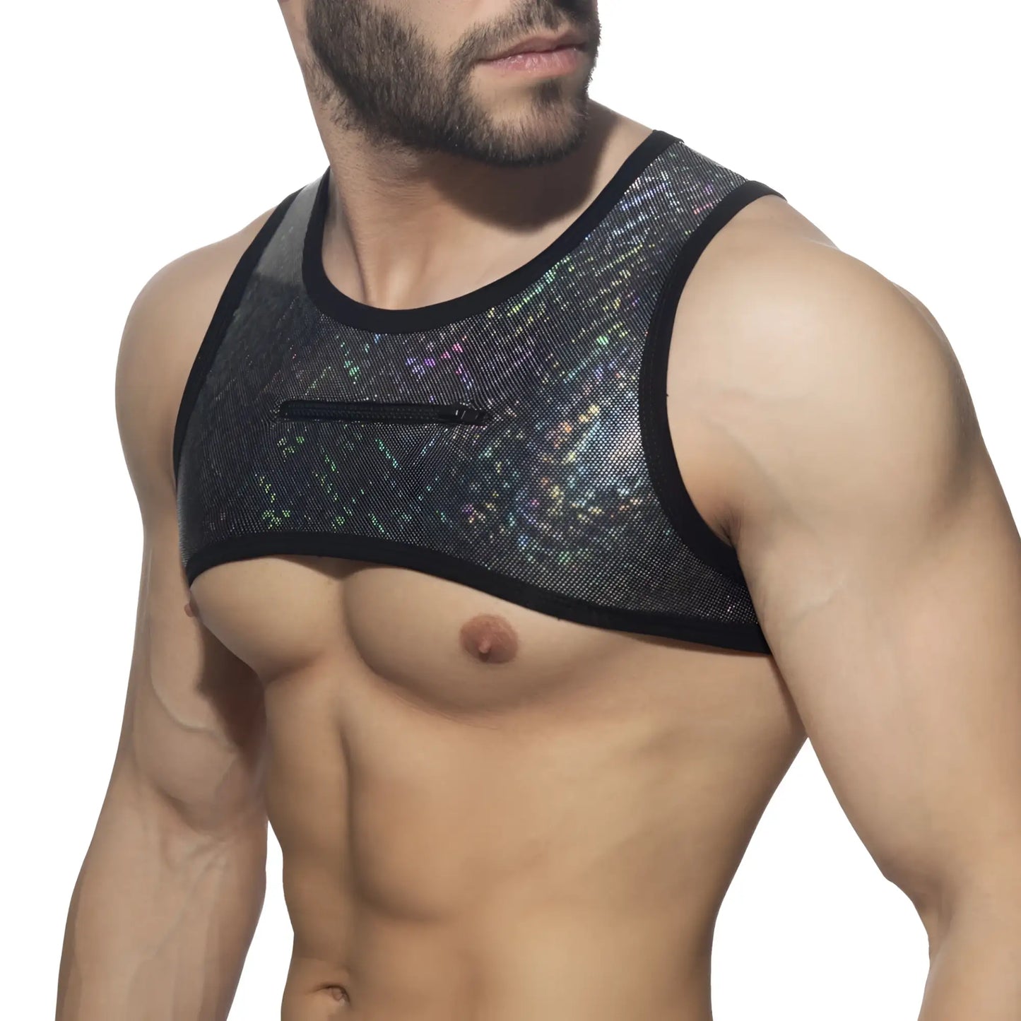 Black holographic mesh tank top glitter harness with zipper pocket for edgy stylish wear