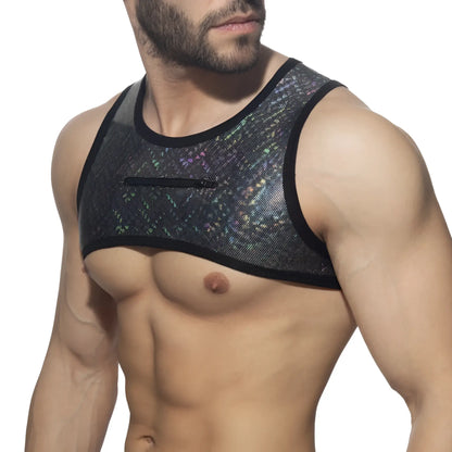 Black holographic mesh tank top glitter harness with zipper pocket for edgy stylish wear