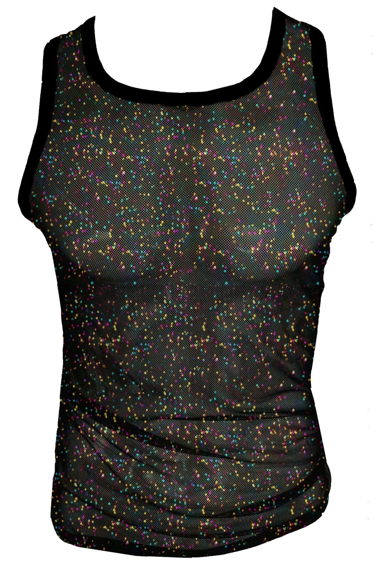Black mesh glitter mesh tank with iridescent multicolored speckles and solid black trim for stylish layering