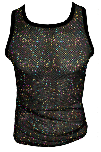 Black mesh glitter mesh tank with iridescent multicolored speckles and solid black trim for stylish layering