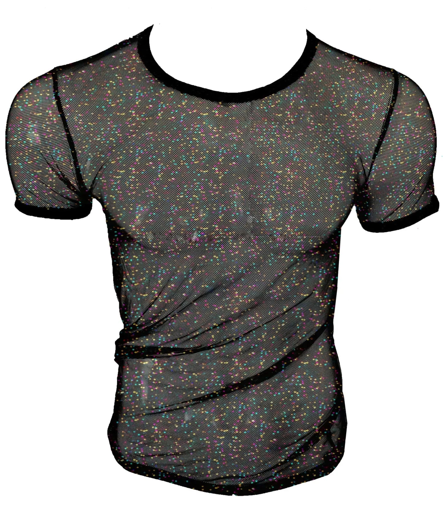 Black mesh t-shirt with iridescent glitter speckles and solid black trim in glitter mesh tee design