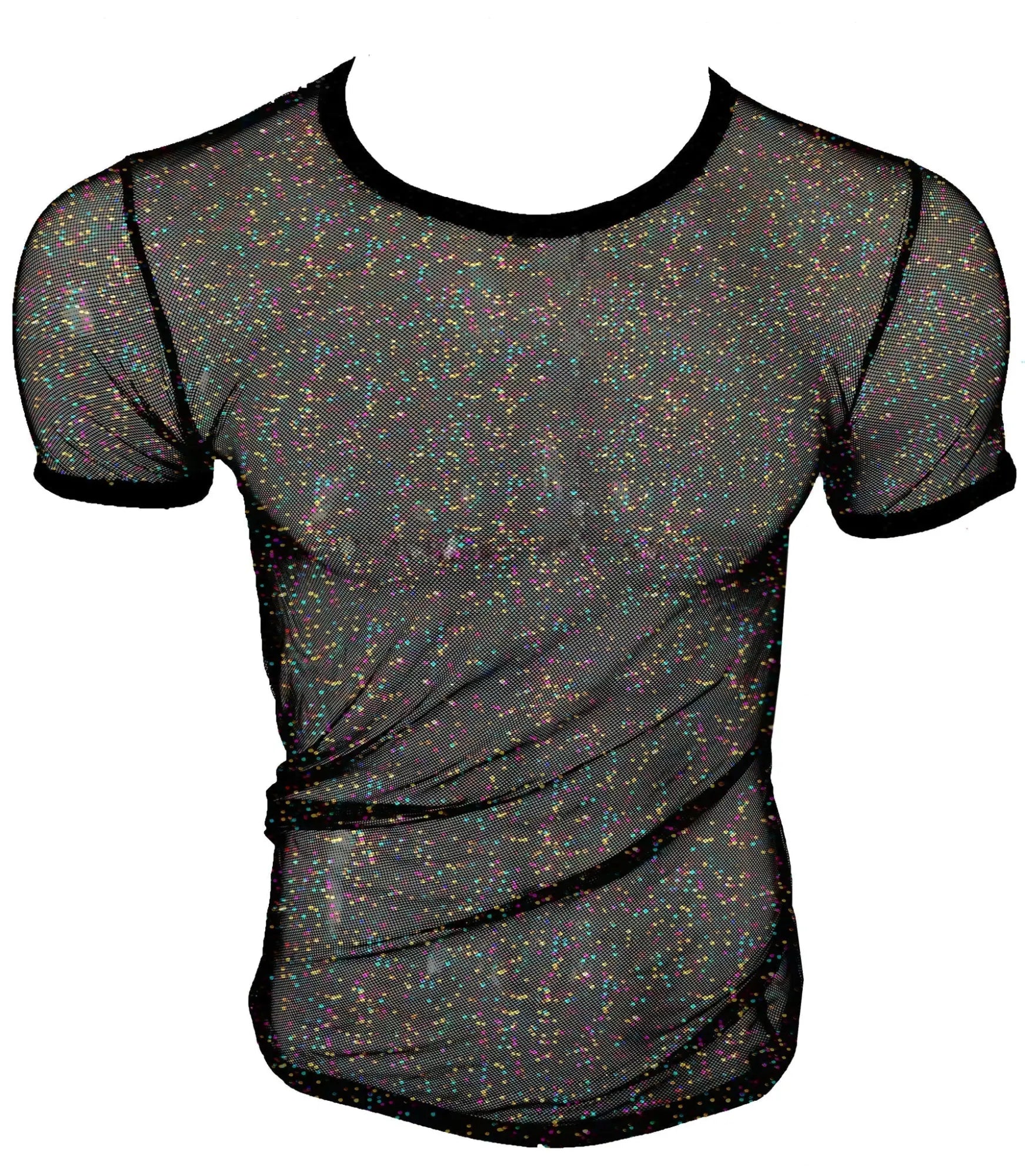 Black mesh t-shirt with iridescent glitter speckles and solid black trim in glitter mesh tee design