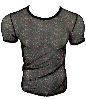 Black mesh t-shirt with iridescent glitter speckles and solid black trim in glitter mesh tee design
