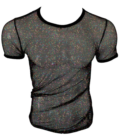 Black mesh t-shirt with iridescent glitter speckles and solid black trim in glitter mesh tee design