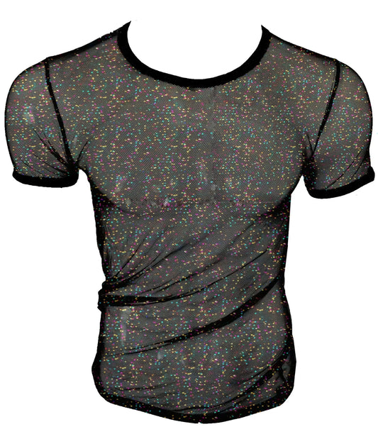 Black mesh t-shirt with iridescent glitter speckles and solid black trim in glitter mesh tee design