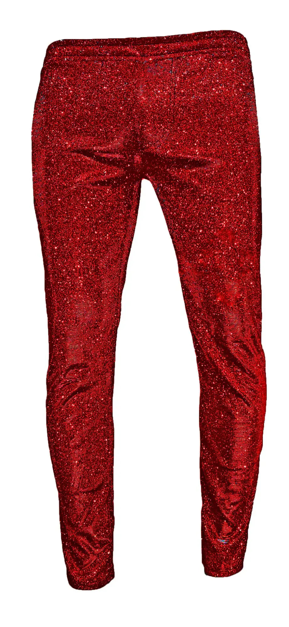 Red glitter pants with a shiny sparkly texture made from glittery fabric for stylish wear
