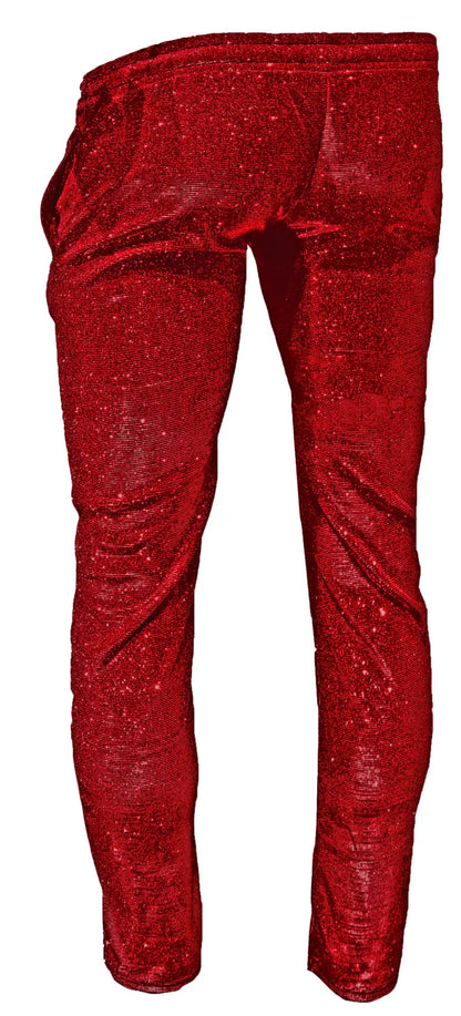 Red sequined glitter pants with snug fit elastic waistband made from shimmering fabric for stylish wear