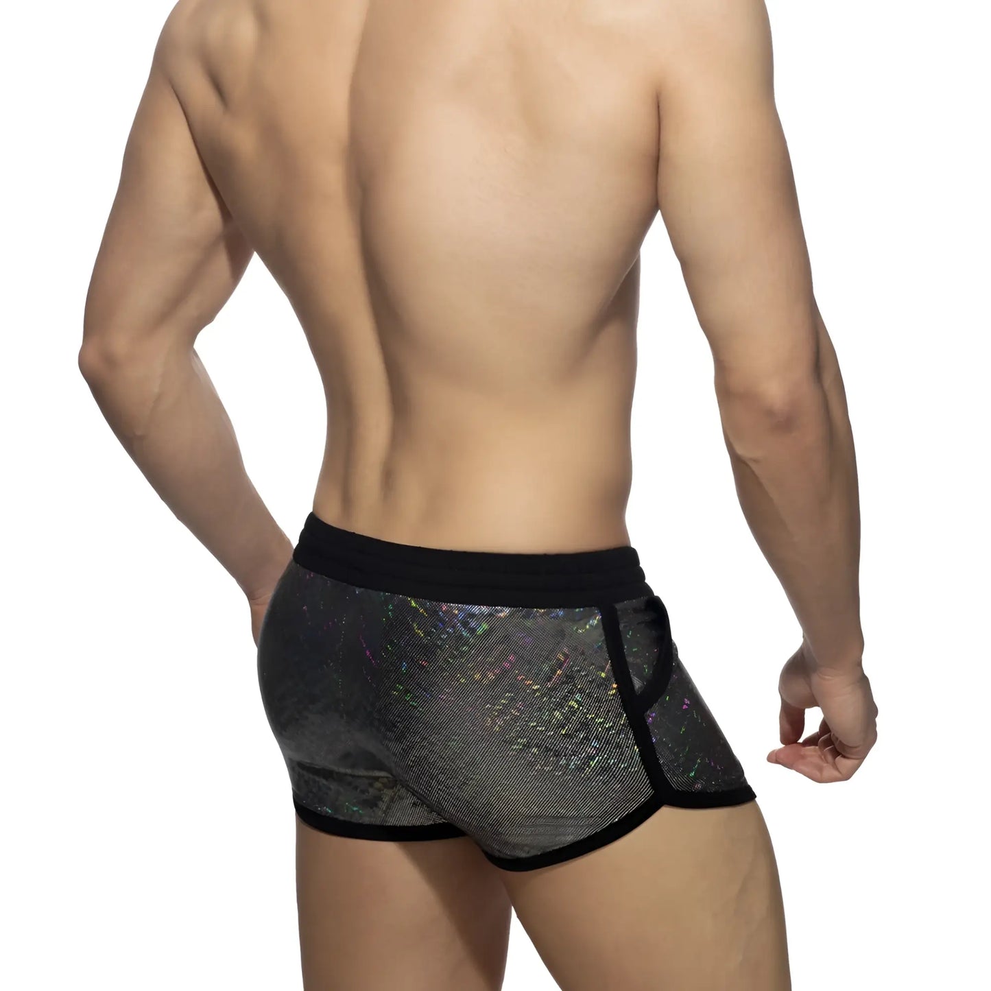 Black and silver holographic glitter short with mesh design showcasing stylish and breathable fabric details