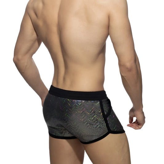 Black and silver holographic glitter short with mesh design showcasing stylish and breathable fabric details