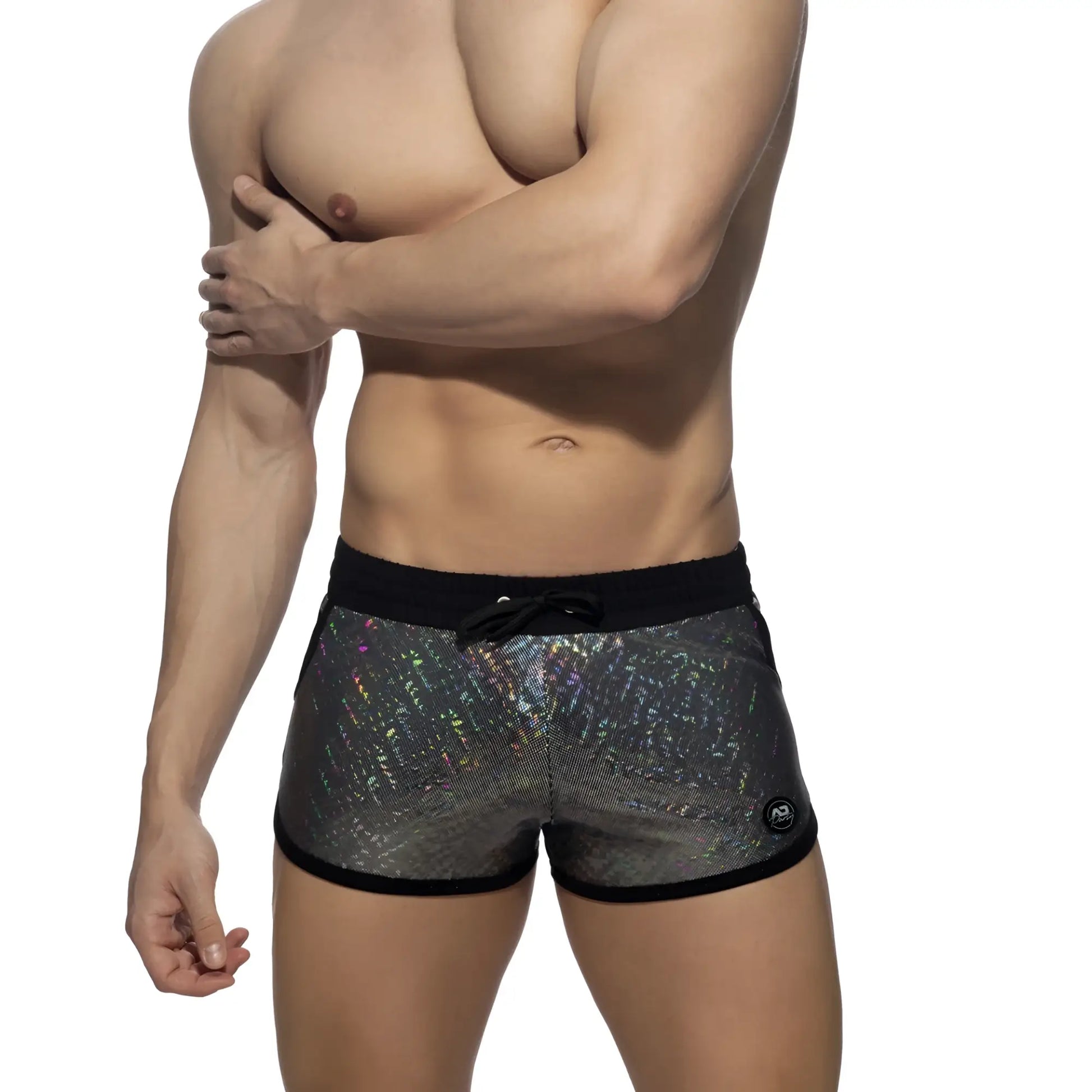 Glitter short swim trunks with black trim and shimmering iridescent silver holographic fabric for beachwear