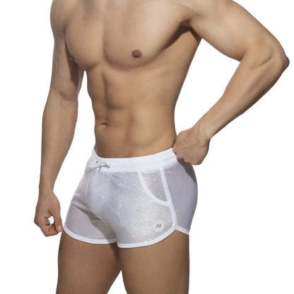 White mesh swim trunks glitter short with subtle shimmering pattern and white trim for stylish beachwear