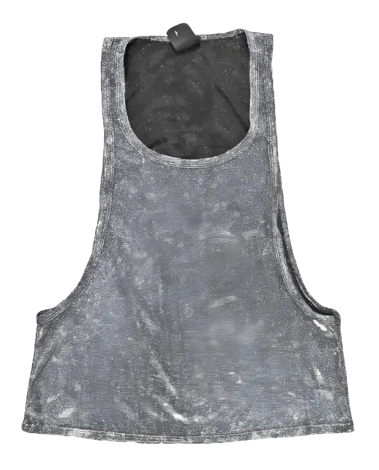 Gray metallic glitter string tank top with distressed finish and black interior lining