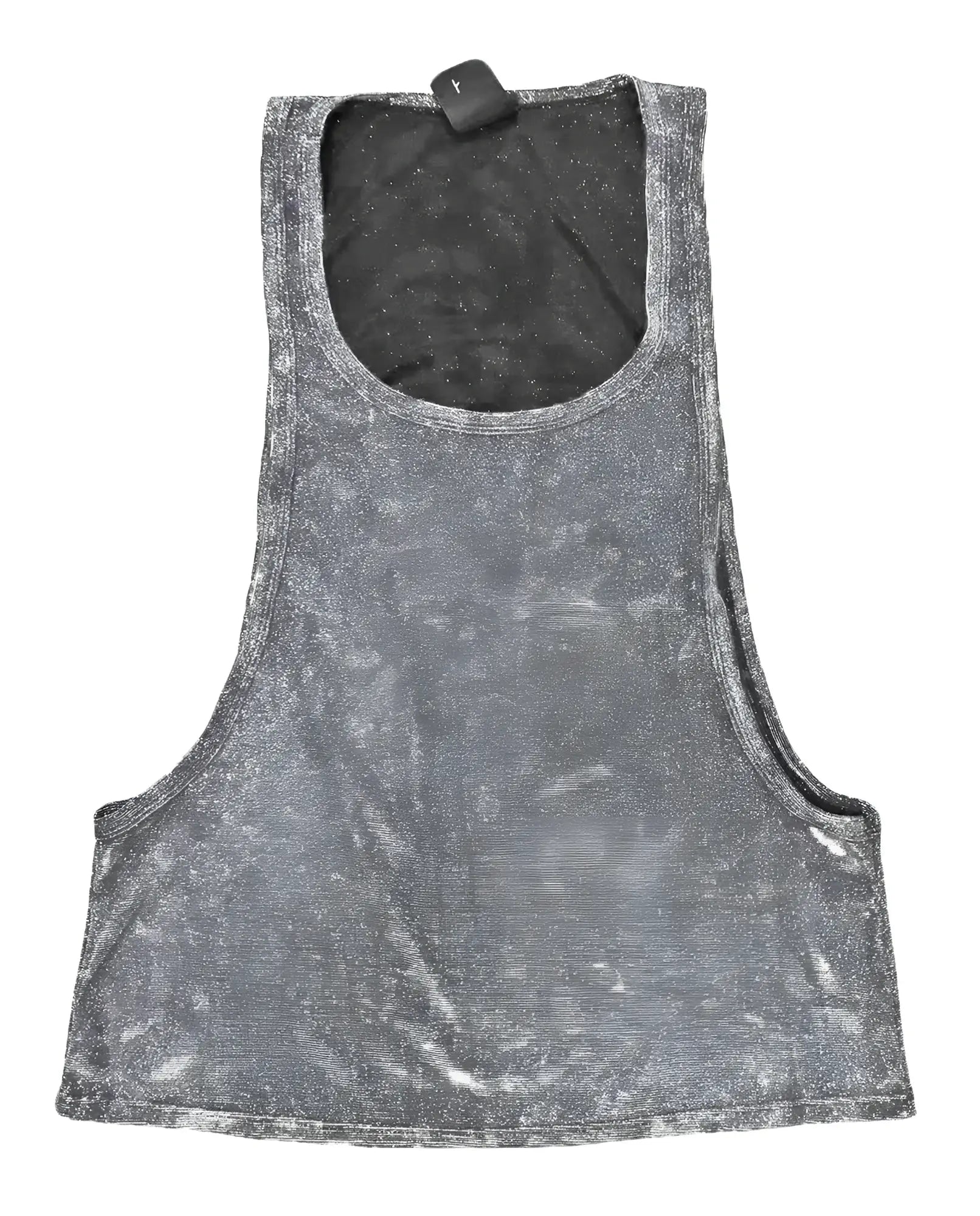 Gray metallic glitter string tank top with distressed finish and black interior lining