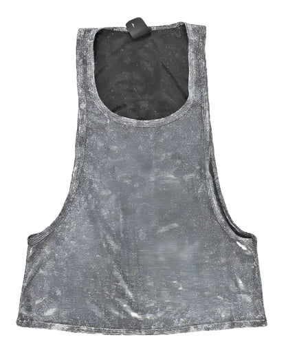 Gray metallic glitter string tank top with distressed finish and black interior lining
