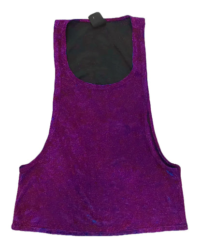 Purple glitter string tank top with black interior lining made of sparkly fabric for stylish casual wear