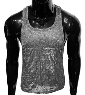 Shiny silver sequined glitter string tank top with subtle gradient effect and sleeveless design