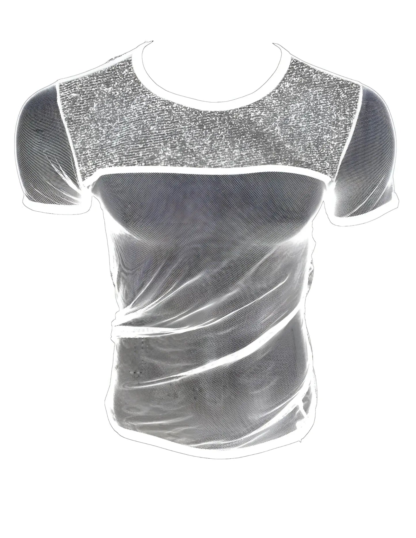 Glitter trim fine mesh tee in shimmering silver sequined mesh with a sleek form fitting design
