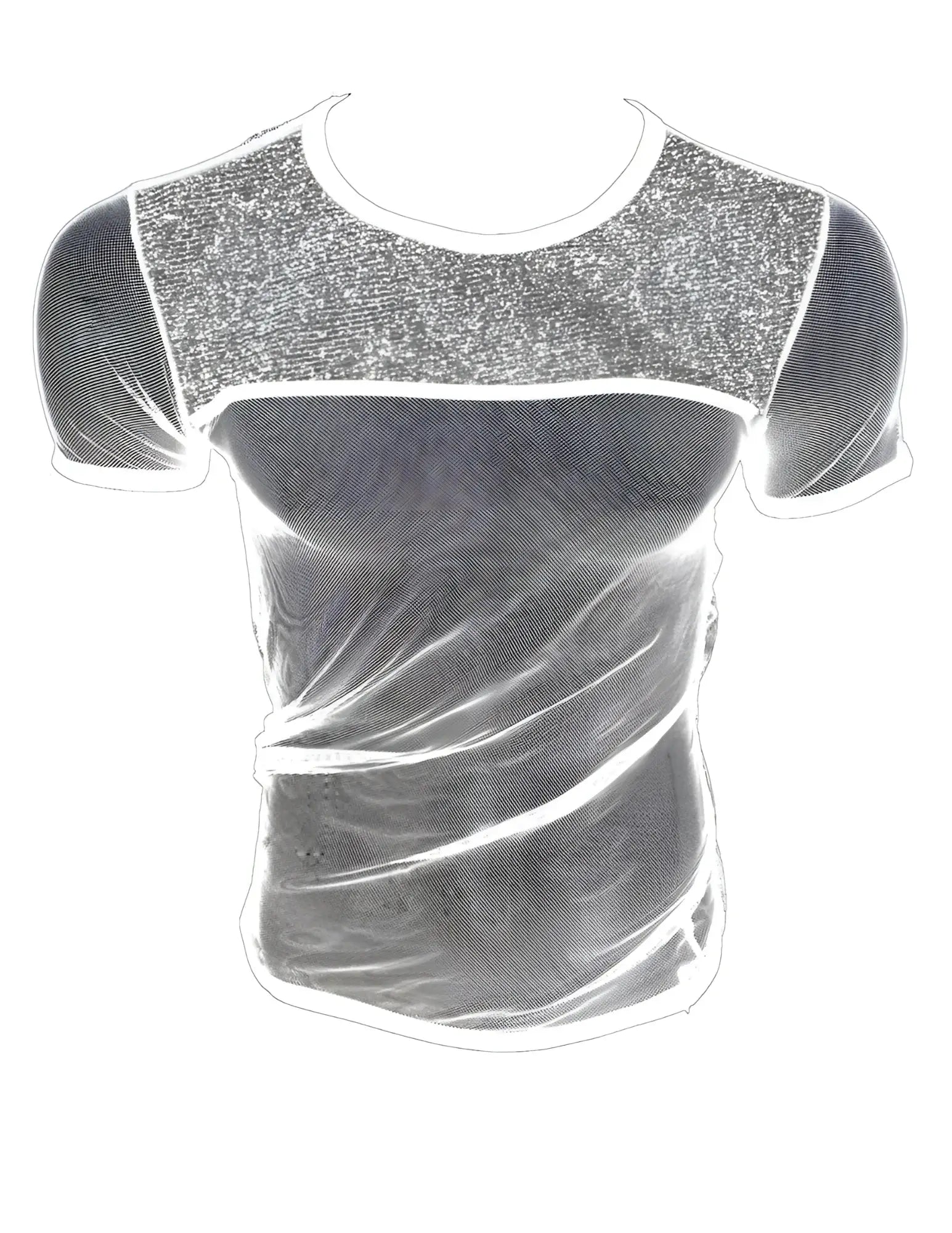 Glitter trim fine mesh tee in shimmering silver sequined mesh with a sleek form fitting design