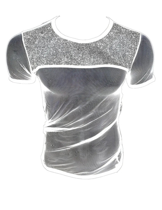 Glitter trim fine mesh tee in shimmering silver sequined mesh with a sleek form fitting design