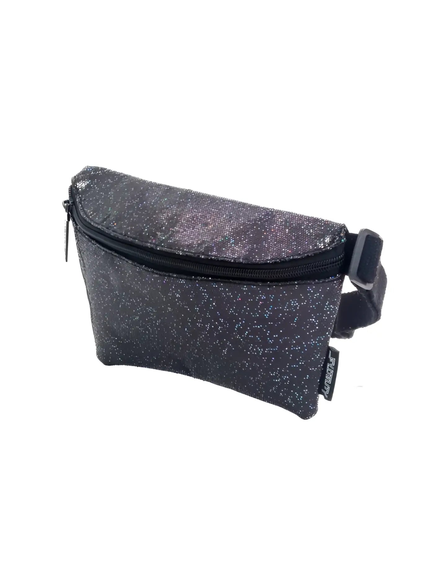 Glitter ultra slim fanny pack made of black glittery fabric with zipper closure and adjustable strap