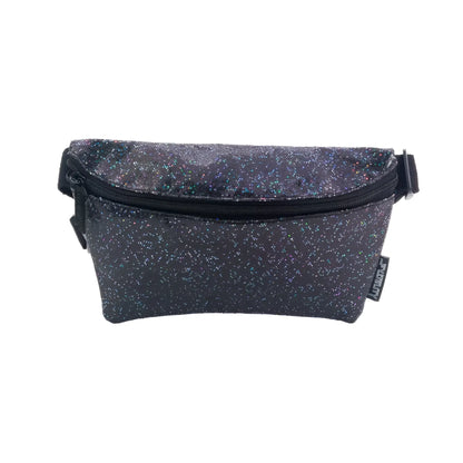 Black glitter ultra slim fanny pack with subtle iridescent sheen and black zipper for stylish hands-free carry